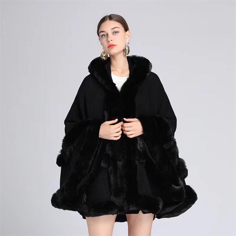 European & American Plus Size Fur Collar Hooded Cloak Shawl Women's Knit Cardigan Cape Coat for Autumn & Winter