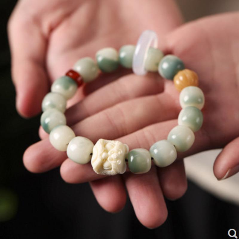 Ivory Fruit Awakening Lion Gradient White Jade Bodhi Root Bracelet with Gift Box