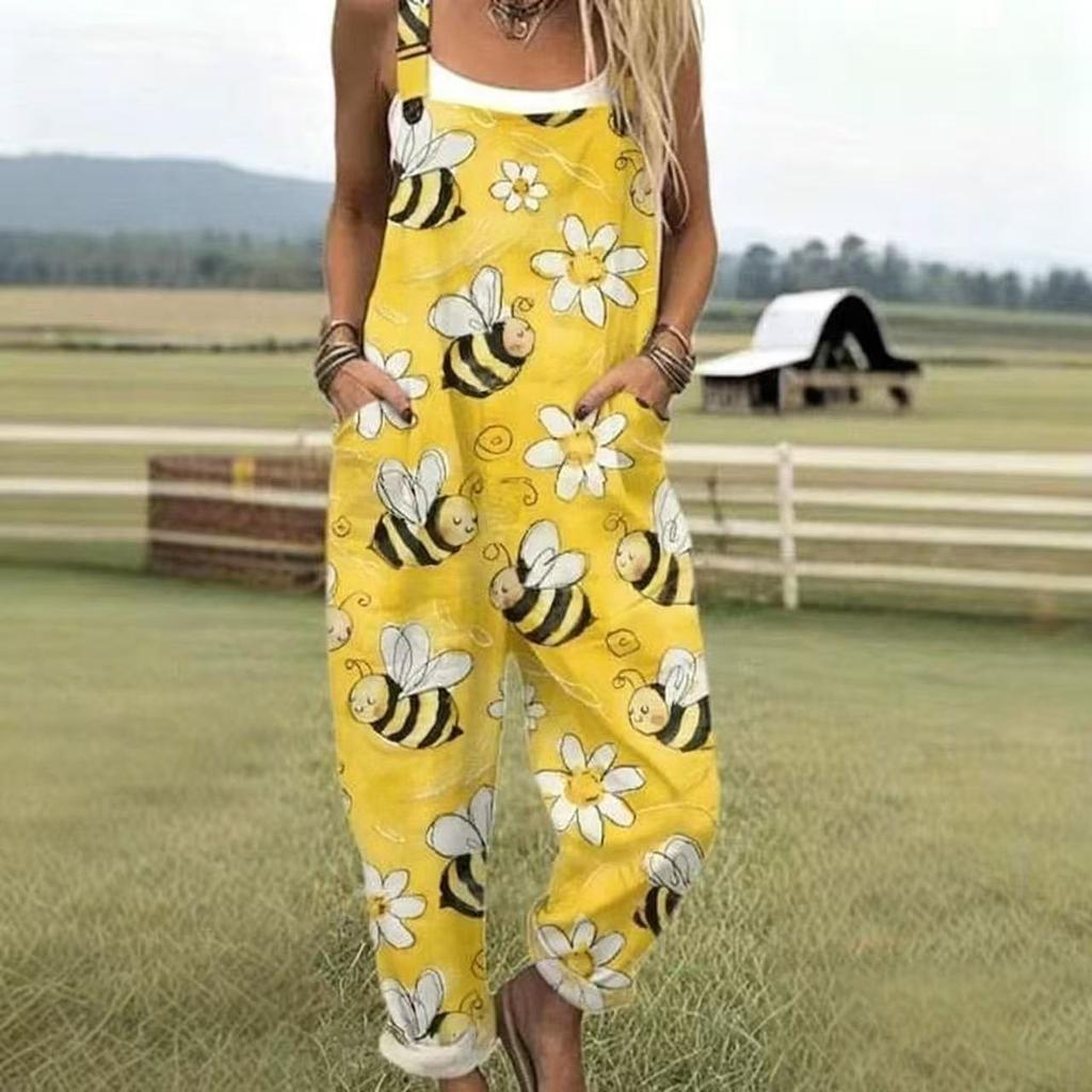 Women's Sleeveless Mid Rise 3D Digital Print Loose Casual Overalls Jumpsuit For Summer