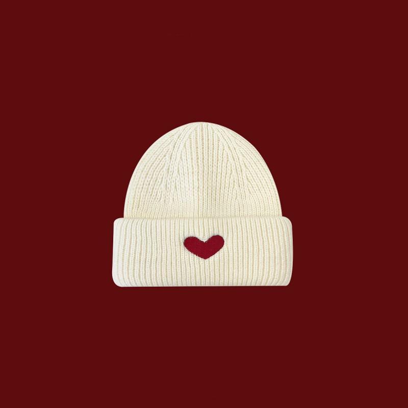 Sweet Heart Embroidery Knit Beanie Women Warm Winter Hat Adjustable Cute Student Cap