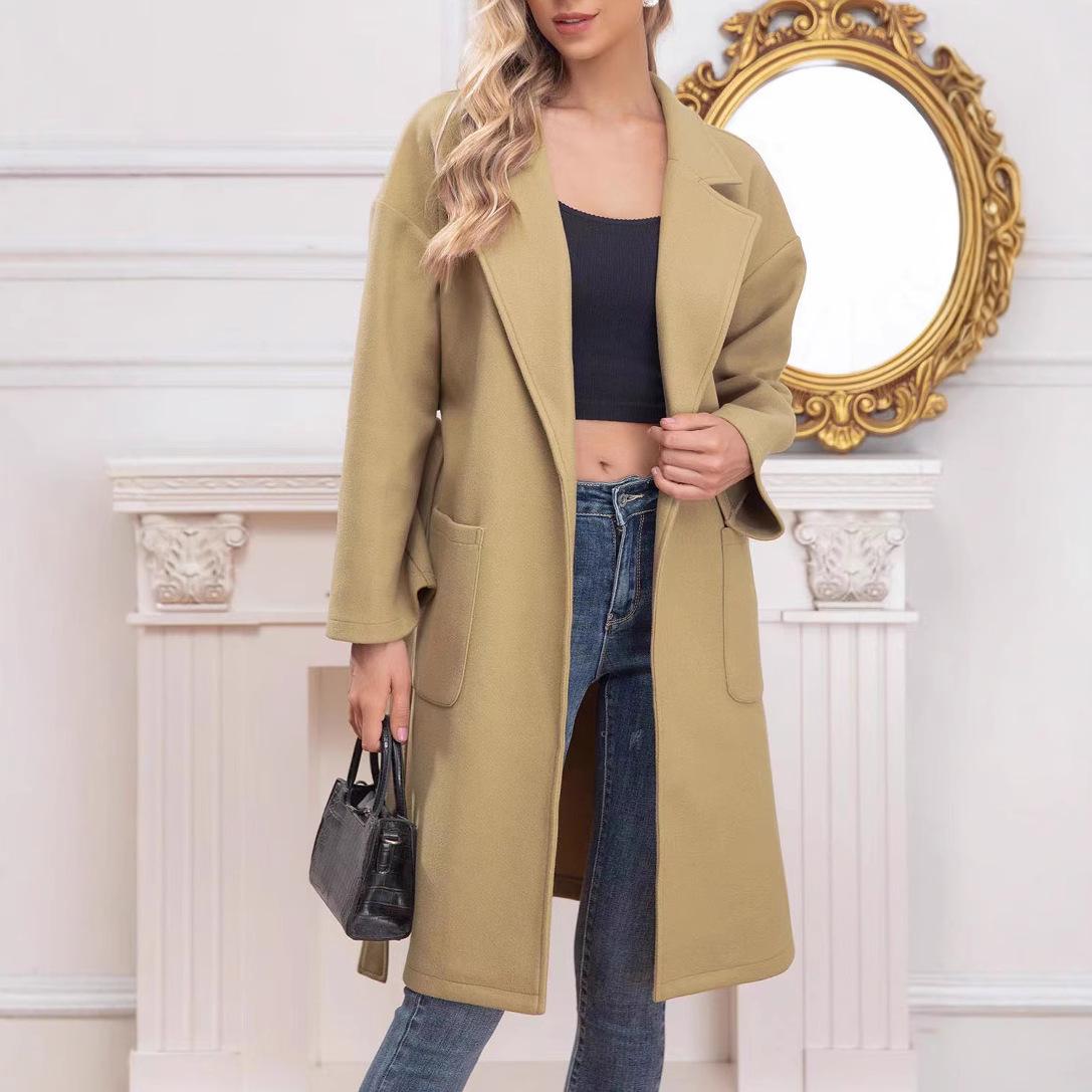 

Plus Size Autumn/Winter Women s Wool Blend Long Cardigan with Turn-Down Collar - European/American Style Medium