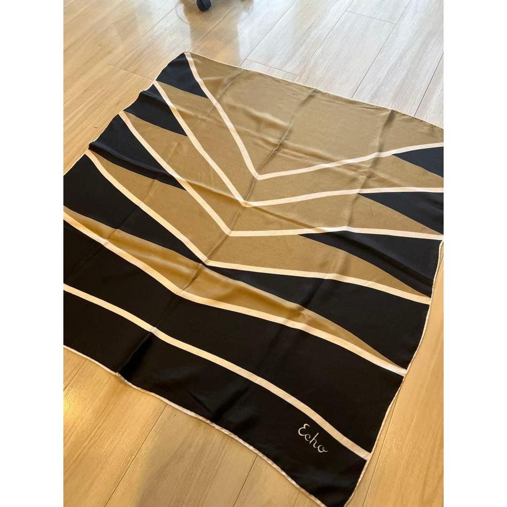 Used Echo 100% Silk Scarf Large Black Beige