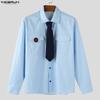 INCERUN Oversized Men Lapel Neck Tie Up Long Sleeve Buttons Embroidery Casual Striped Shirts