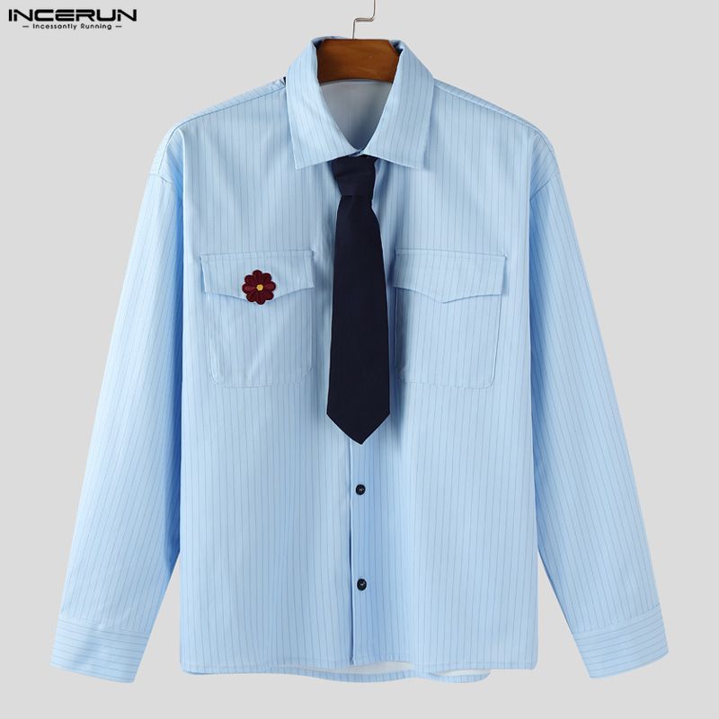INCERUN Oversized Men Lapel Neck Tie Up Long Sleeve Buttons Embroidery Casual Striped Shirts