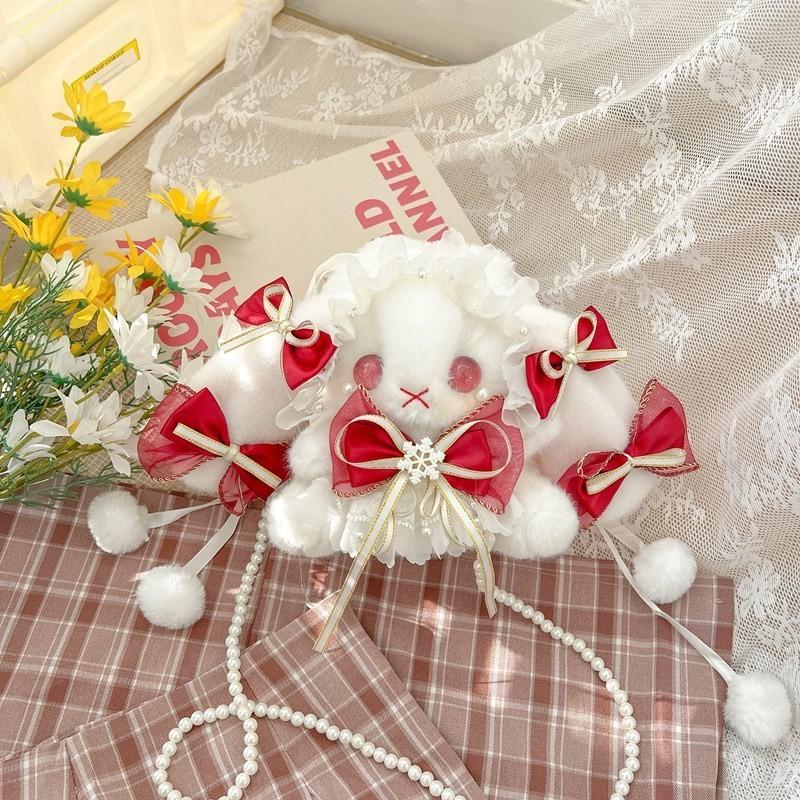 Plush Rabbit Lolita Shoulder Bag With Lace Bow Design And Faux Pearl Shoulder Strap For Daily Use