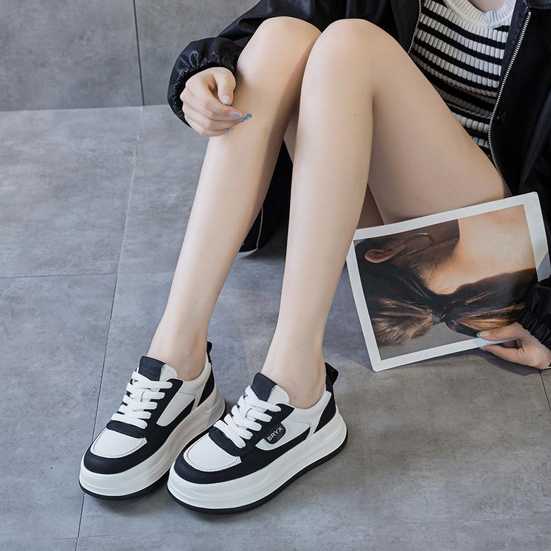 Thick soled white shoes, women's four season lace up versatile, student height increasing casual shoes, big toe wear-resistant sports board shoes