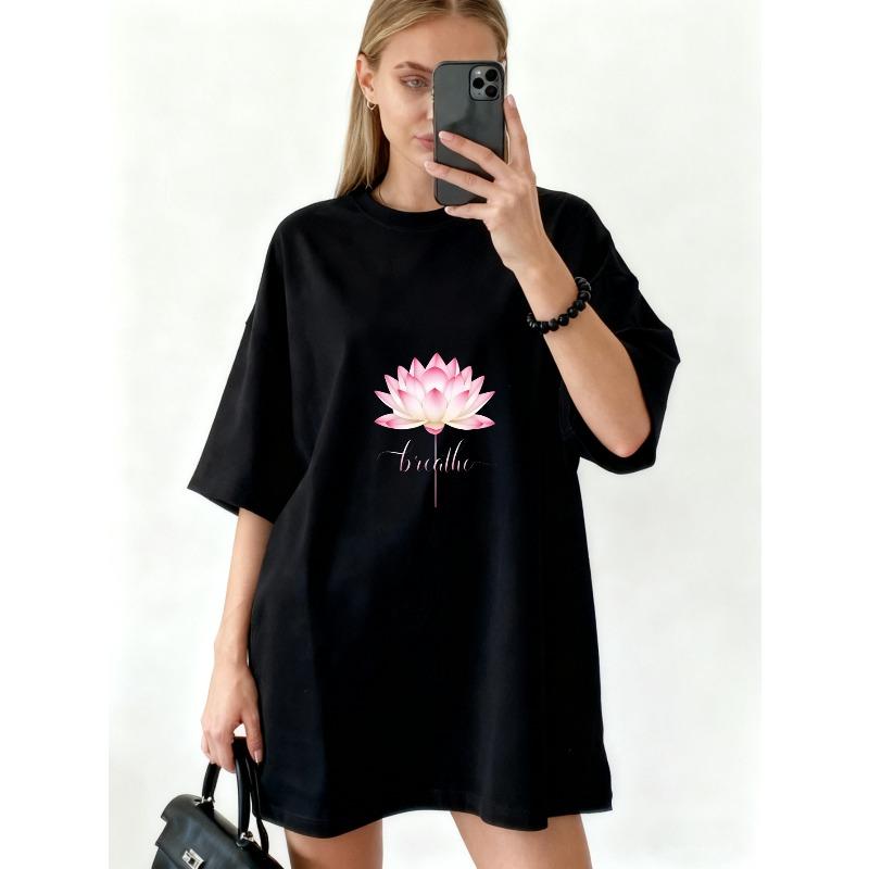 Übergroßes T-Shirt Schwarze Lotusblume Und Breathe Aufdruck Lässige Kleidung Für Damen Yoga Meditations-Outfit