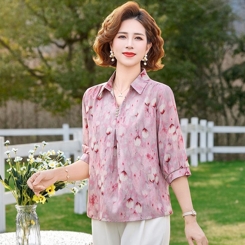 

2026 New Style Summer Short Sleeve Shirt for Middle-Aged and Elderly – Fashionable, Large Size Casual Top for Mothers XL розовый