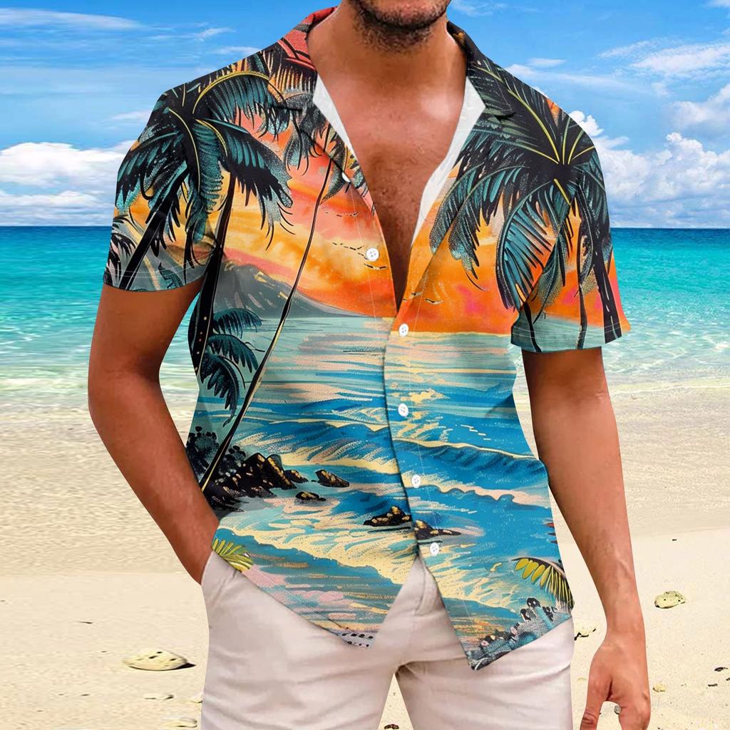 Shirt For Men Casual Fashion Summer Short Sleeve Buttons Printed T Shirt Top