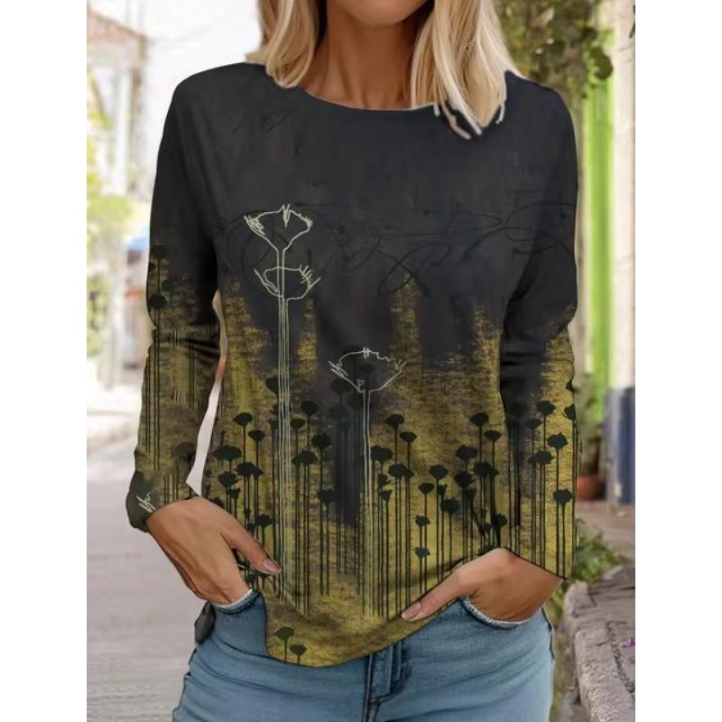 

женская мода ретро топы с длинным рукавом круглый вырез свитер повседневная футболка с длинным рукавом новая футболка с принтом лотоса 3D 5XL