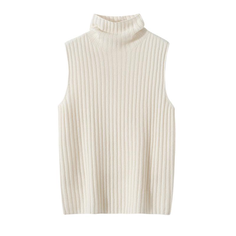 Women's 100% Pure Cashmere Striped Sleeveless Slim-Fit Turtleneck Vest