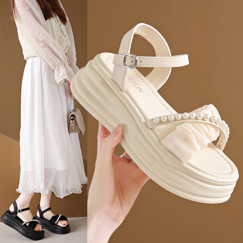 Fairy wind sandals female summer new casual platform word with pearl muffin beach shoes