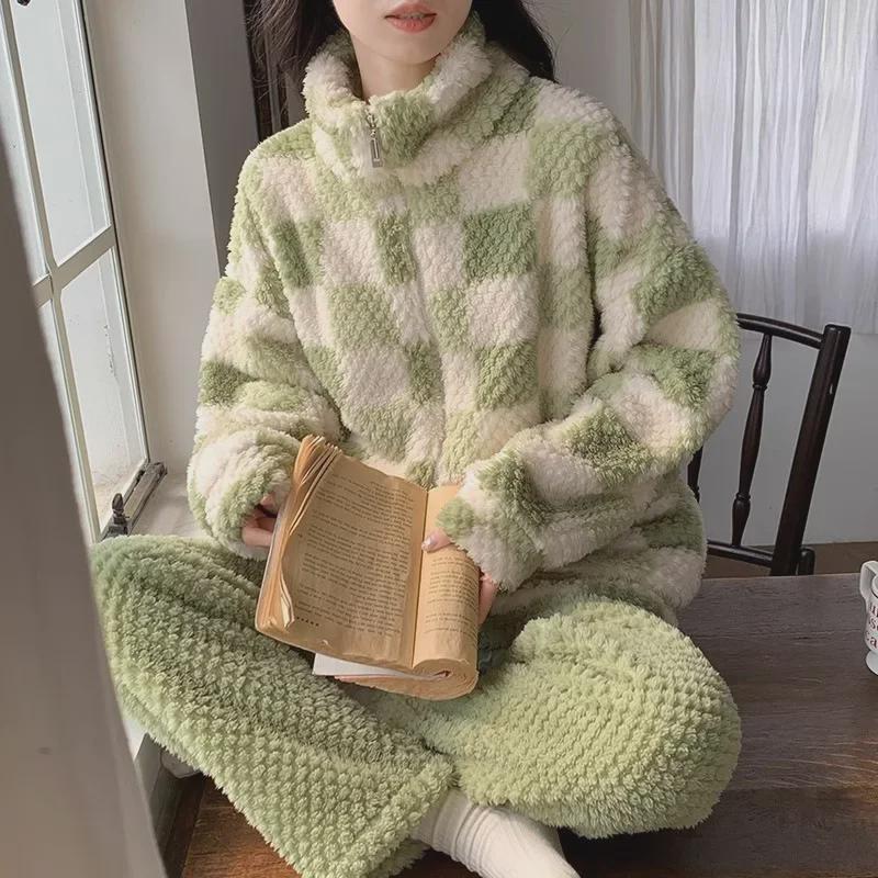 Damen Schachbrett Rose Flanell Pyjama Set - Dicke, warme Strickjacke und Rollkragen mit Reißverschluss