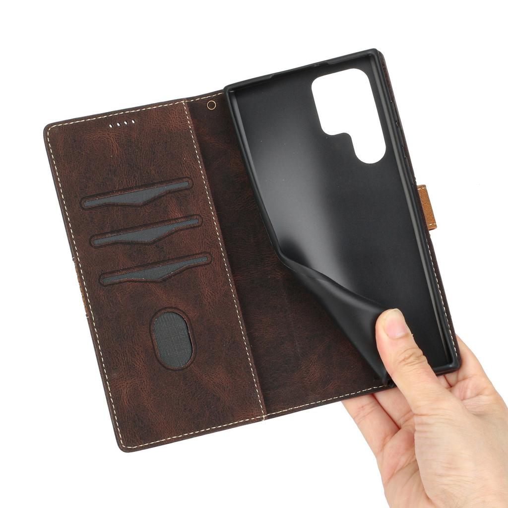 Phone Case for Samsung Galaxy S24 Ultra Grid Splicing Stand PU Leather Wallet Phone Cover with Strap