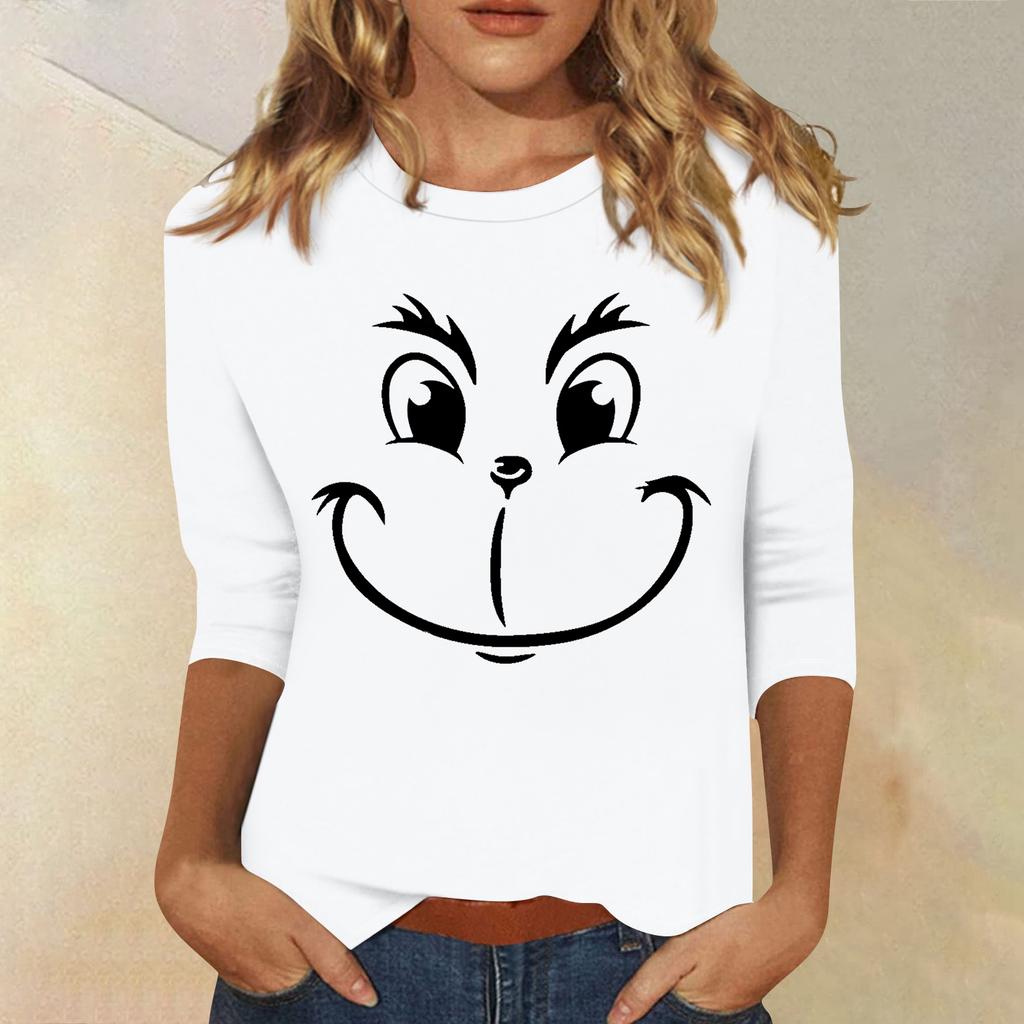 3/4 Sleeve Tops For Women T-Shirt Casual Christmas Print Tops T Shirt Round Neck Pullover Blouse