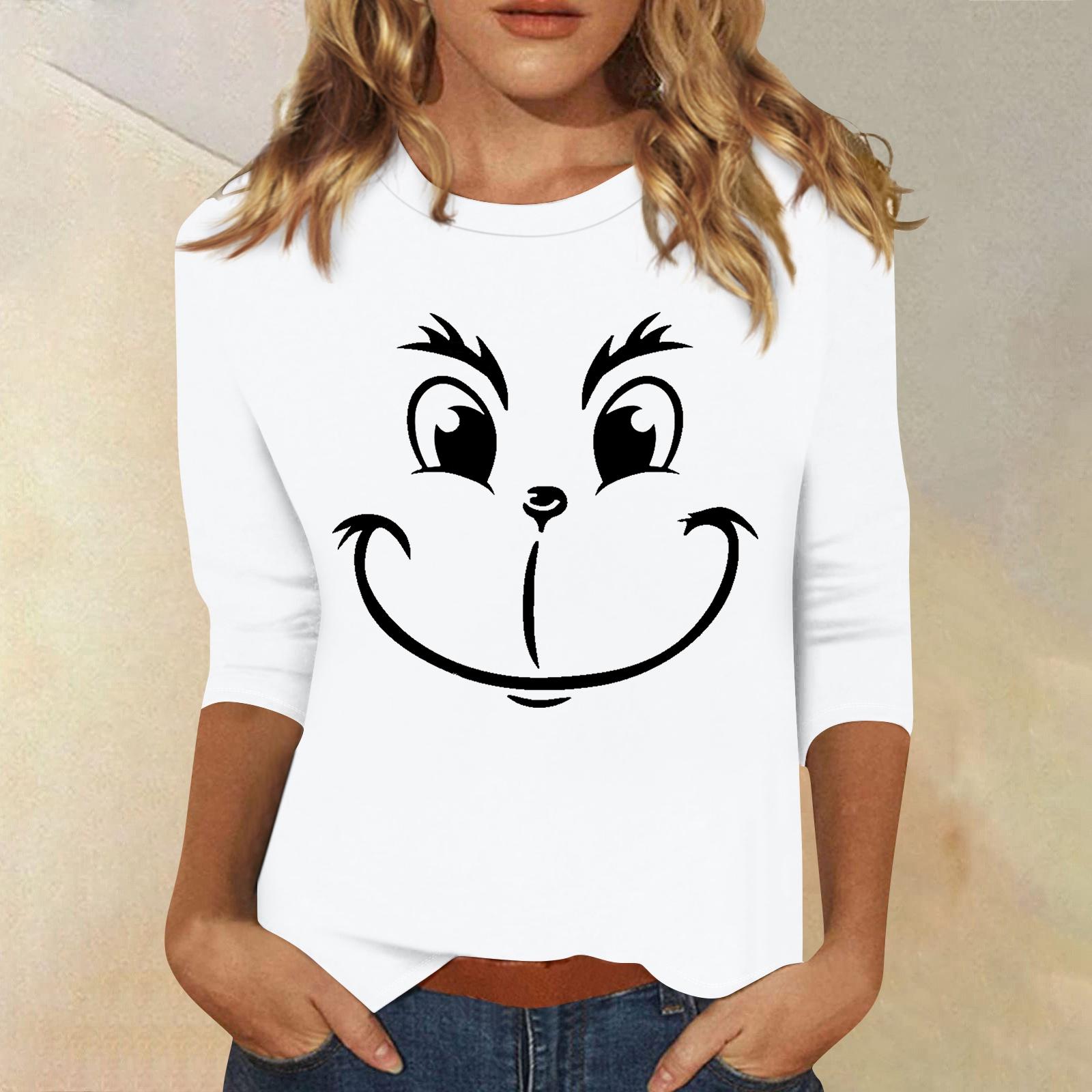 

3/4 рукава топы для женщин футболка повседневные рождественские принты топы футболка круглый вырез пуловер блузка XL белый