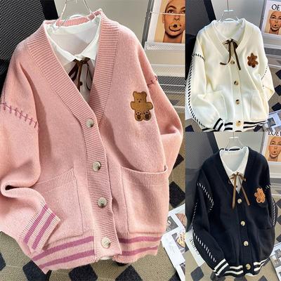 Cute Bear Print Knitted Cardigan Women Autumn Winter Korean Warm Tender Sweater Loose V Neck Long Sleeve Solid Preppy Jumpers