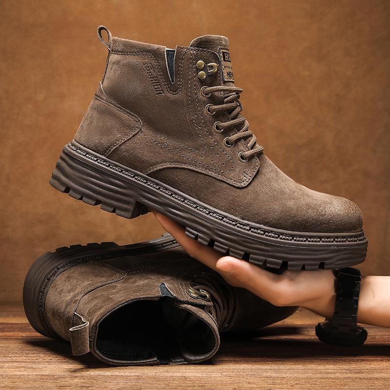 Fashion Autumn Fashion Brown Mens Ankle Boots Comfortable Suede Leather Biker Boots Man Non-slip Motorcycle Boots for Men High Top Botas