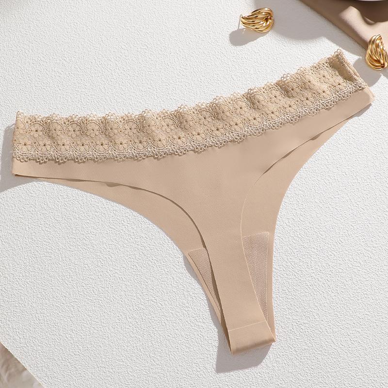 Women's Sexy Traceless T-Back Thongs Panties Seamless Solid Color Lace Trim Cozy Underwear Female Low Waist G-String Lingerie