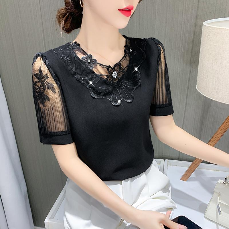 

Летняя шифоновая рубашка, элегантная женская одежда, блузка, сетчатая блузка с короткими рукавами, ажурные топы с бусинами, универсальная повседневная одежда 3XL чёрный