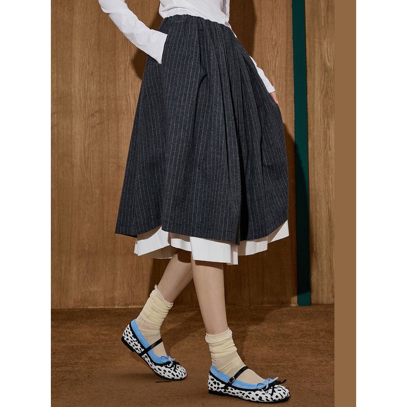 Coolhut New High-Waisted Striped Double-Layered Slimming A-Line Skirt Retro Style Women's Skirt