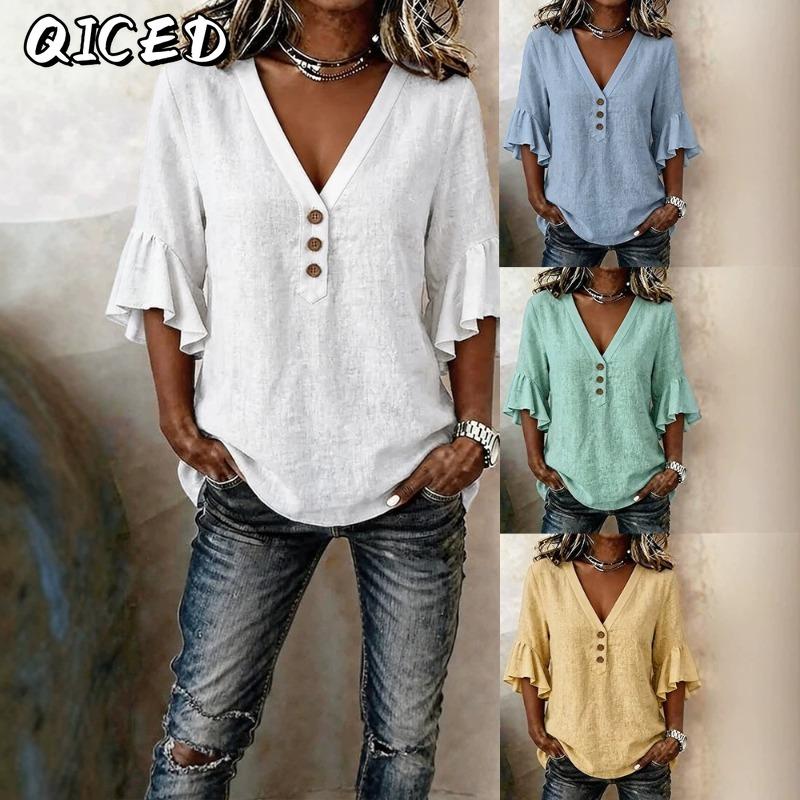 QICED Camicette e camicie da donna con scollo a V, maniche corte, stampa tinta unita casual alla moda