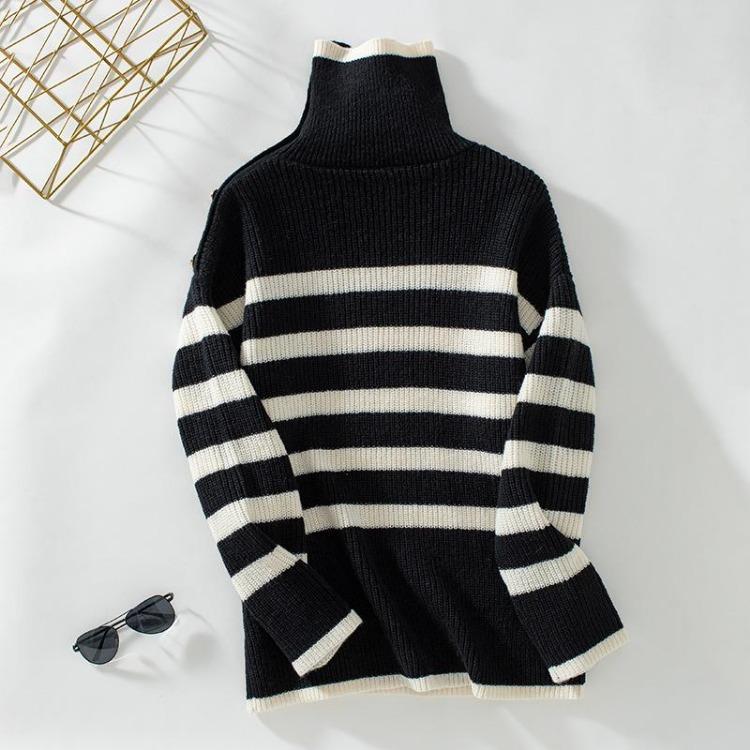 Vintage Loose Stand Collar Long Sleeve Stripe Knitwear Sweater Pullover Top Autumn Winter