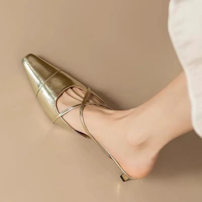 Fashion 2025Women Summer New Thick Heel Middle Heel   High End  Silver  Half Slippers