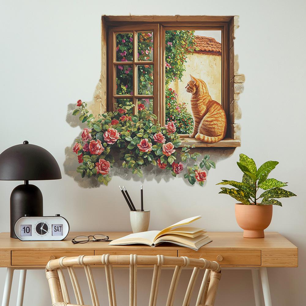 Window Rose Orange Cat Bedroom Living Room Home Background Beautification and Decoration Wall Stickers