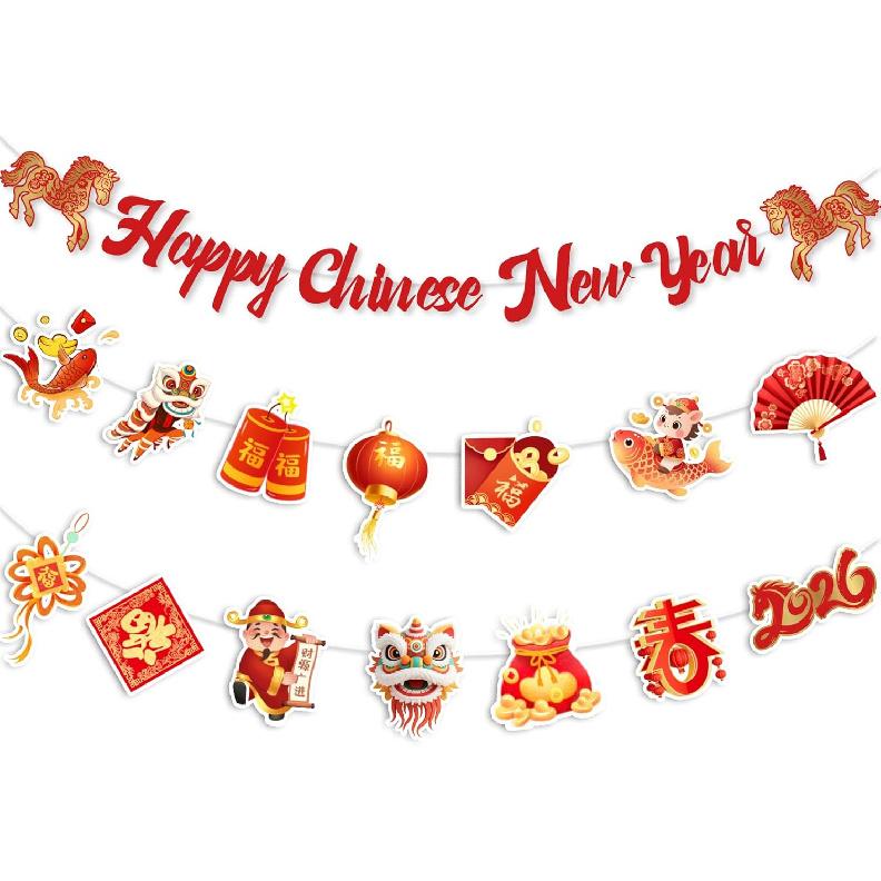 Happy Chinese New Year Banner- 3 Pcs 2026 Lunar New Year Banners, 2026 Chinese New Years Party Supplies, Year of The Horse Hanging Wall Decor for New