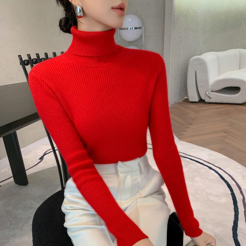 

Осенне-зимний свитер с высоким воротом для женщин, тонкий вязаный свитер с плотным пуловером внутри, универсальный теплый топ с длинными рукавами One Size красный