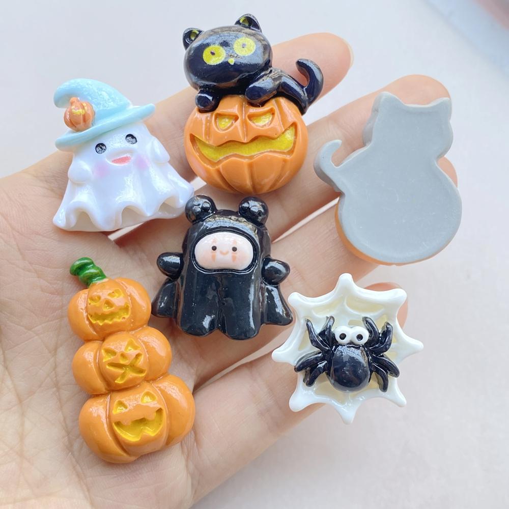 6Pcs New Cute Resin Cartoon Halloween Spiders, Pumpkins, Cats Series Flat Back Parts Embellishments For Hair Bows Accessories