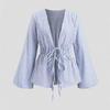 Fashion Striped Tie Bow Shirt Deep V Neck Lone Sleeve Lace Up Casual Slim Fit Blouse Elegant Spring Autumn Sweet Tops Ladies Basic Sexy Clothing