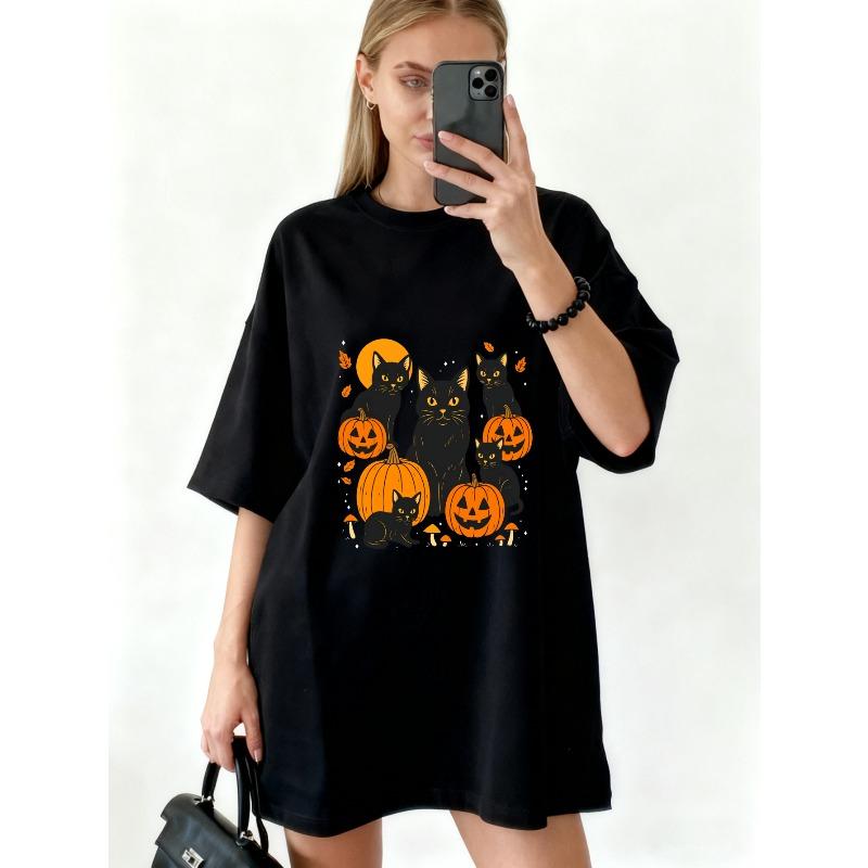 Halloweenové oversized tričko s potiskem černých koček a dýní pro ženy, ležérní podzimní párty oblečení