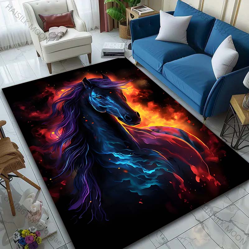 1PC Vibrant black horse with fire Print Carpet Rug for Living Room Bedroom Sofa Doormat Home Decor Non-slip Floor Mat