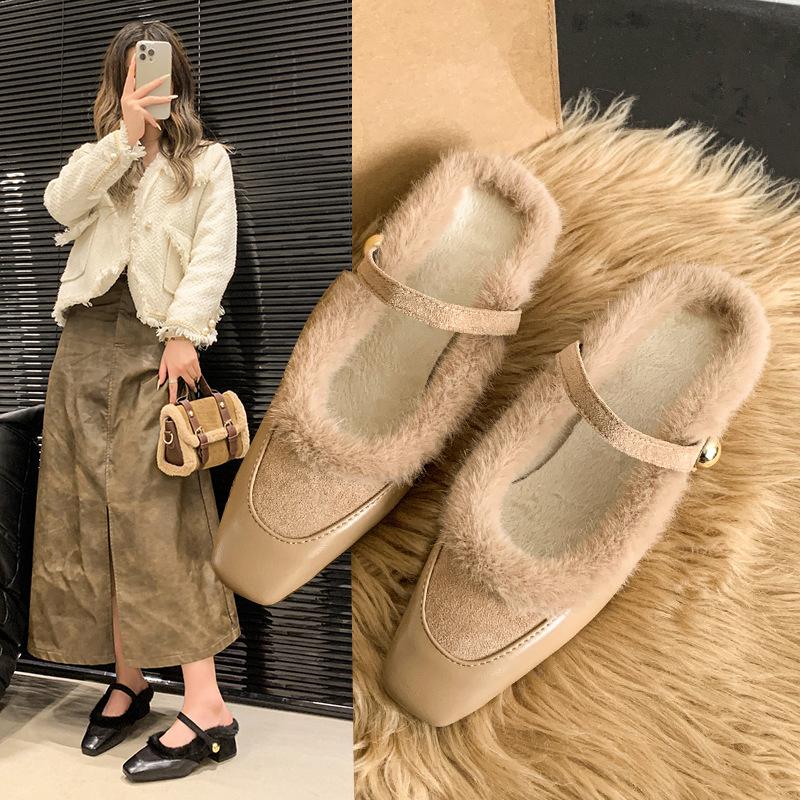 2025 new autumn and winter thick heel French small fragrant wind velvet Mary Jane single shoes women's shoes evening gentle fluffy shoes