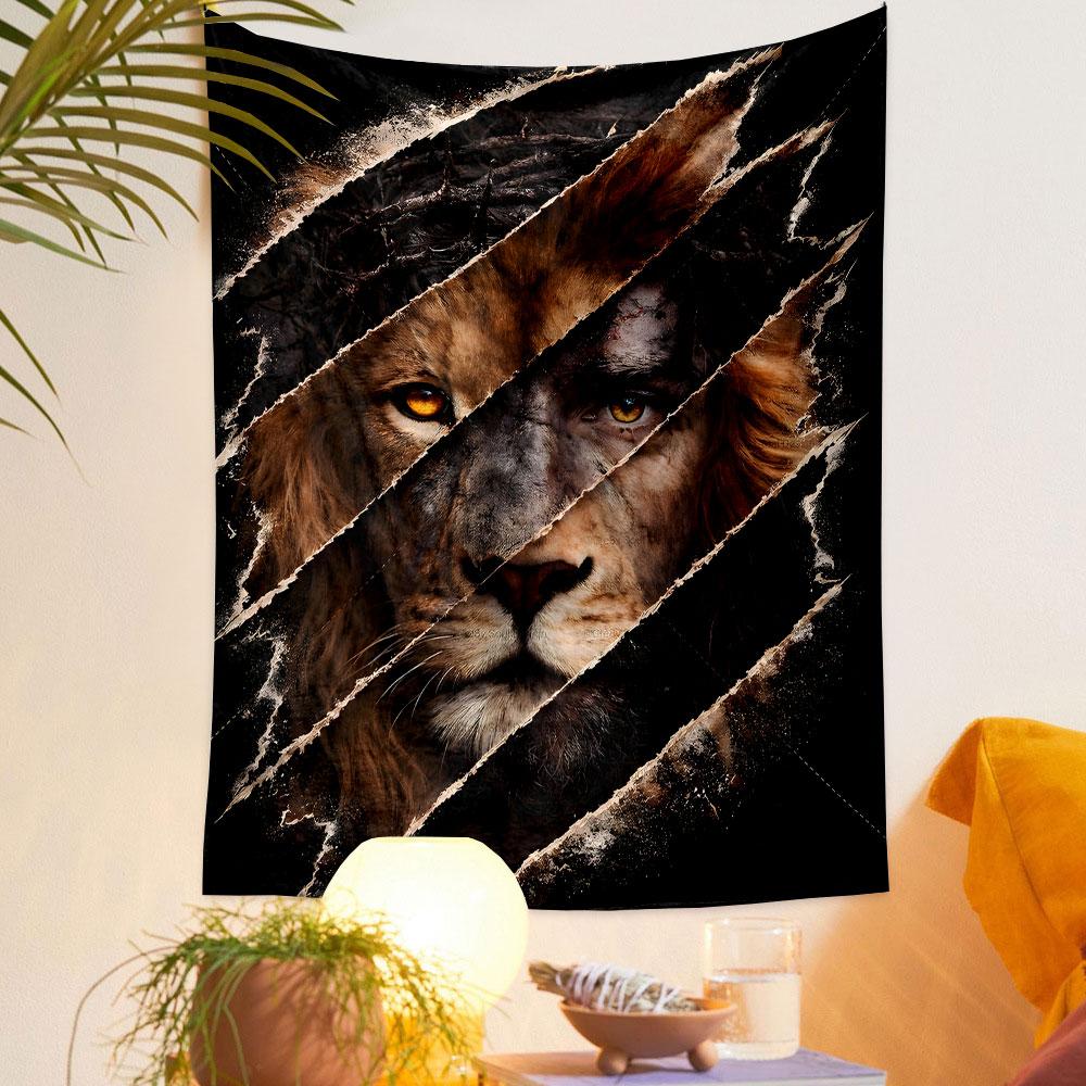 Lion and Human Duality with Thorn Crown Patterned Tapestry Decorative Wall Hanging, Home Bedroom Living Room Decor