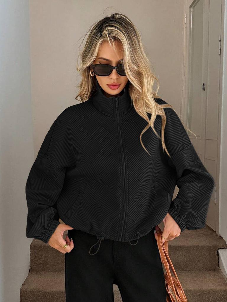 Fall Winter High Neck Zipper Drawstring Pocket Women Loose Baseball Jacket Coat