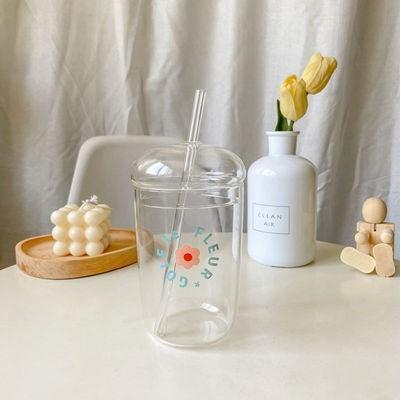 Nordic Print Glass Coffee Cup with Glass Cover and Straw, Bubble Tea Mug, Iced Coffee Cups, Milk Drinkware 401-500ml розовый