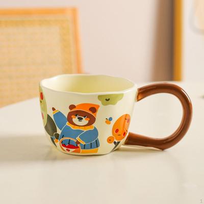Coffee Mug Ceramic C Shaped Grip, Cartoon Pottery Wide Mouth Drinking Cup for Tea Milk Latte