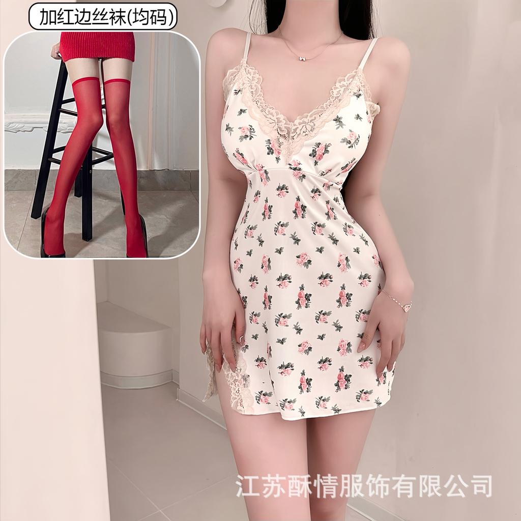 Crispy love bag chest lace pad pure hip suspender pajamas smashed flower sexy small chest pajamas color fresh wind short skirt