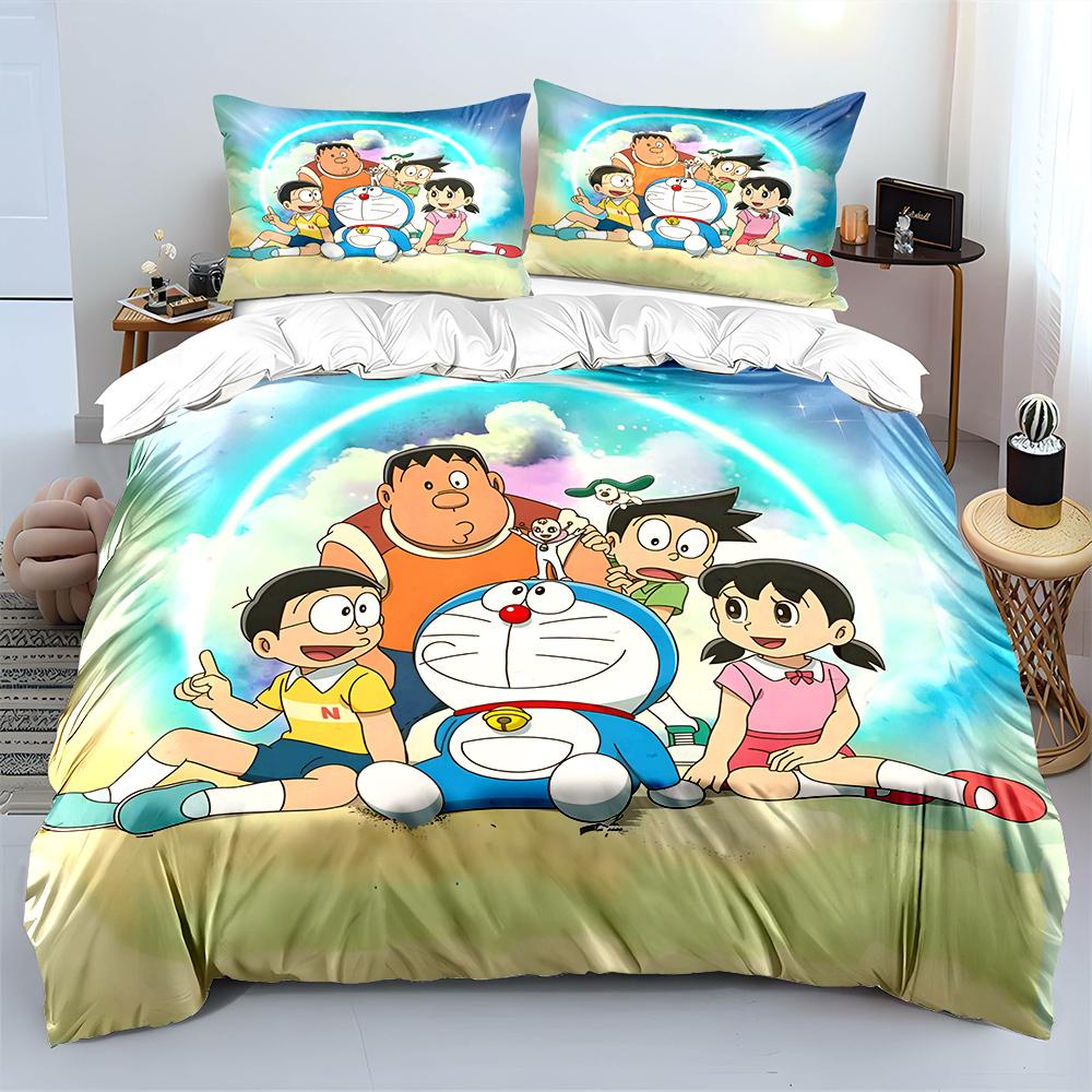 D-Doraemon mit Freunden Bedrucktes Bettwäscheset für Kinder Jungen Mädchen Neue 3D-Bedruckte Bettdecke Bettbezug Kissenbezug Schlafzimmer Dekor