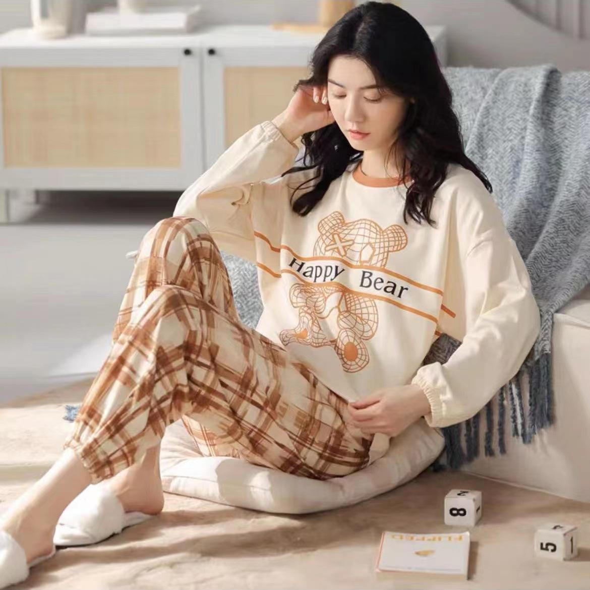 

Женская пижама с длинными рукавами из шелка с героями мультфильмов для студентов, домашняя одежда, два комплекта, топы с круглым вырезом и брюки, одежда для сна, домашняя одежда 2XL(60-70kg)