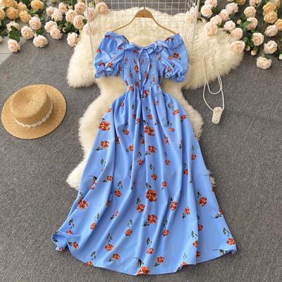 Vintage French Fairy Floral High-Waist Slimming Long Dress with Pleated Drawstring Waist and Big Swing