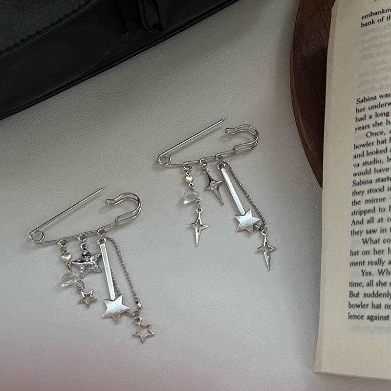 1Pc Unique Y2K Silver Star Shaped Clasp Pin Chain Badge Brooch Pin Pendant Suitable For Fashion Outfit Sweet Brooch Clip
