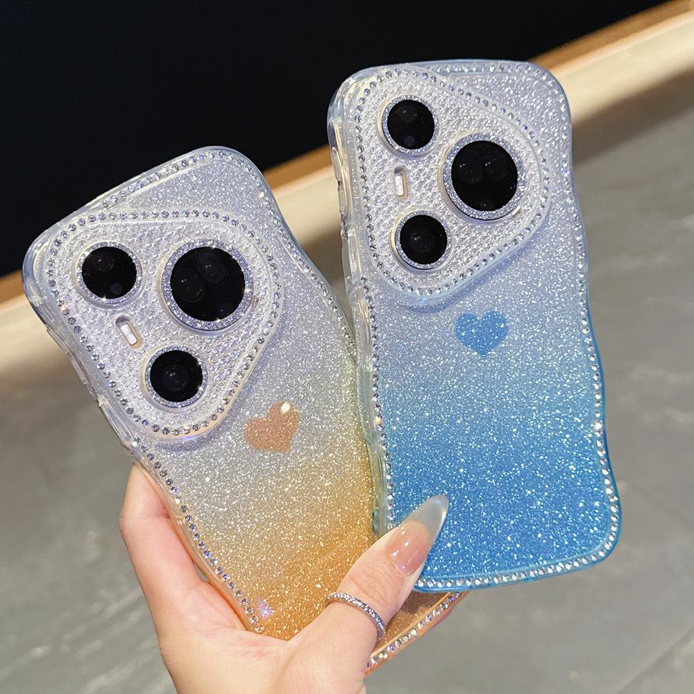 KEYSION Gradient Love Heart Wavy Phone Case for Huawei Pura 70 80 Pro 80 70 Ultra Glitter Jewelled Lens Protector Shockproof Cover