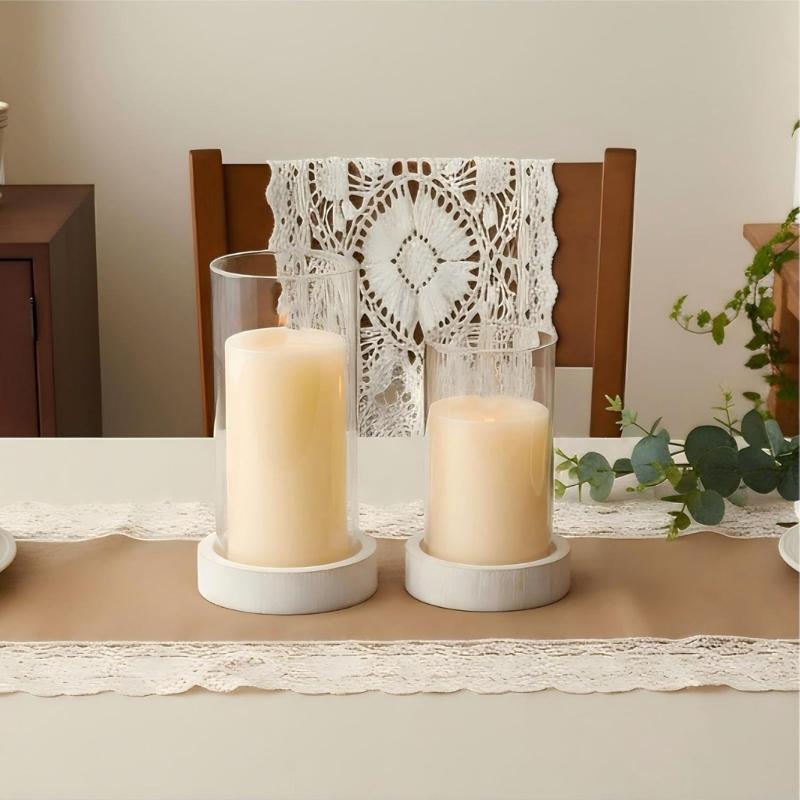 Set aus 2 klaren Glaszylinder-Vasen, winddichte Kerzenhalter mit Holzplatte für Blumenarrangements, Partytische und Wohnzimmerdekorationen