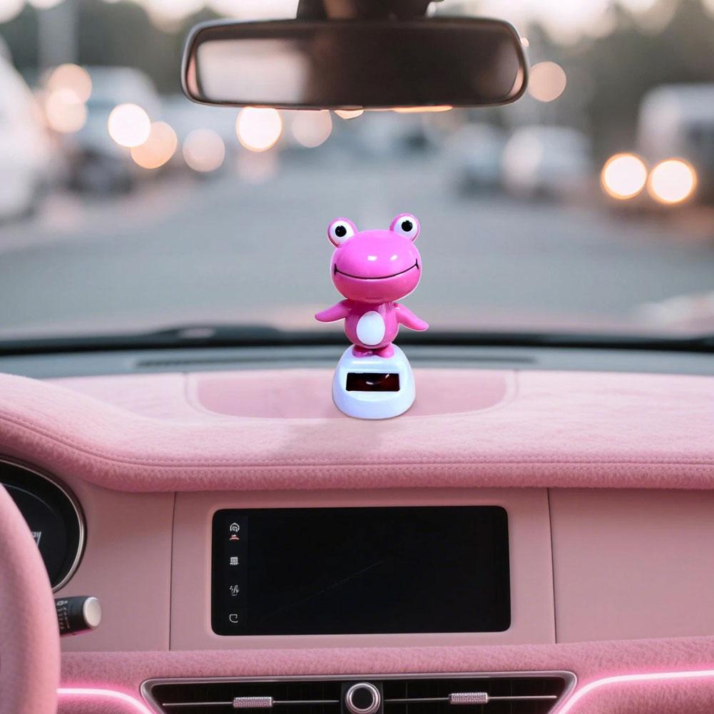 Solar Powered Dancing P-ink Frog Car Dashboard Decoration Shake Head Frog Car Swinging Bobble Head Frog Auto Interior Ornaments