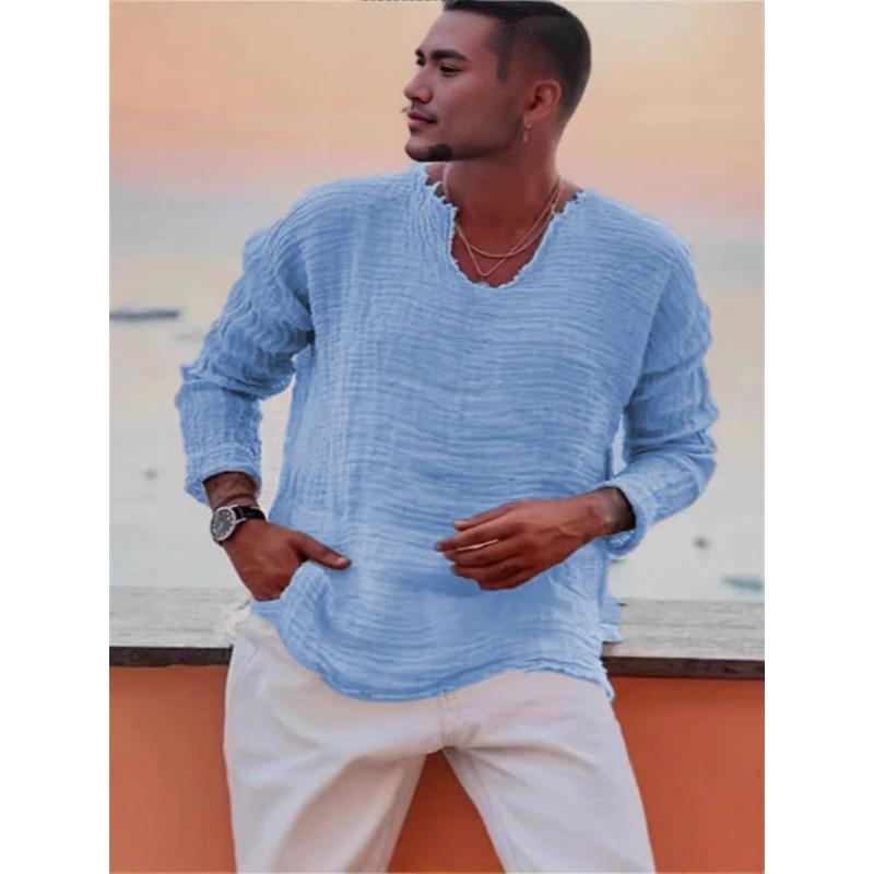 Männer V-ausschnitt Langarm Casual Shirt Tops Grat Rand Gefaltetes Festes Farbe Lose Fit Dünne Pullover Tops Streetwear