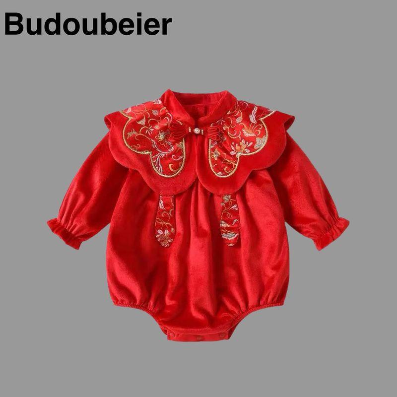 

British Baby Spring and Autumn Clothing for Girls, New Chinese-Style Stylish Romper, Red Full-Month Hundred-Day Outing Jumpsuit Red 59